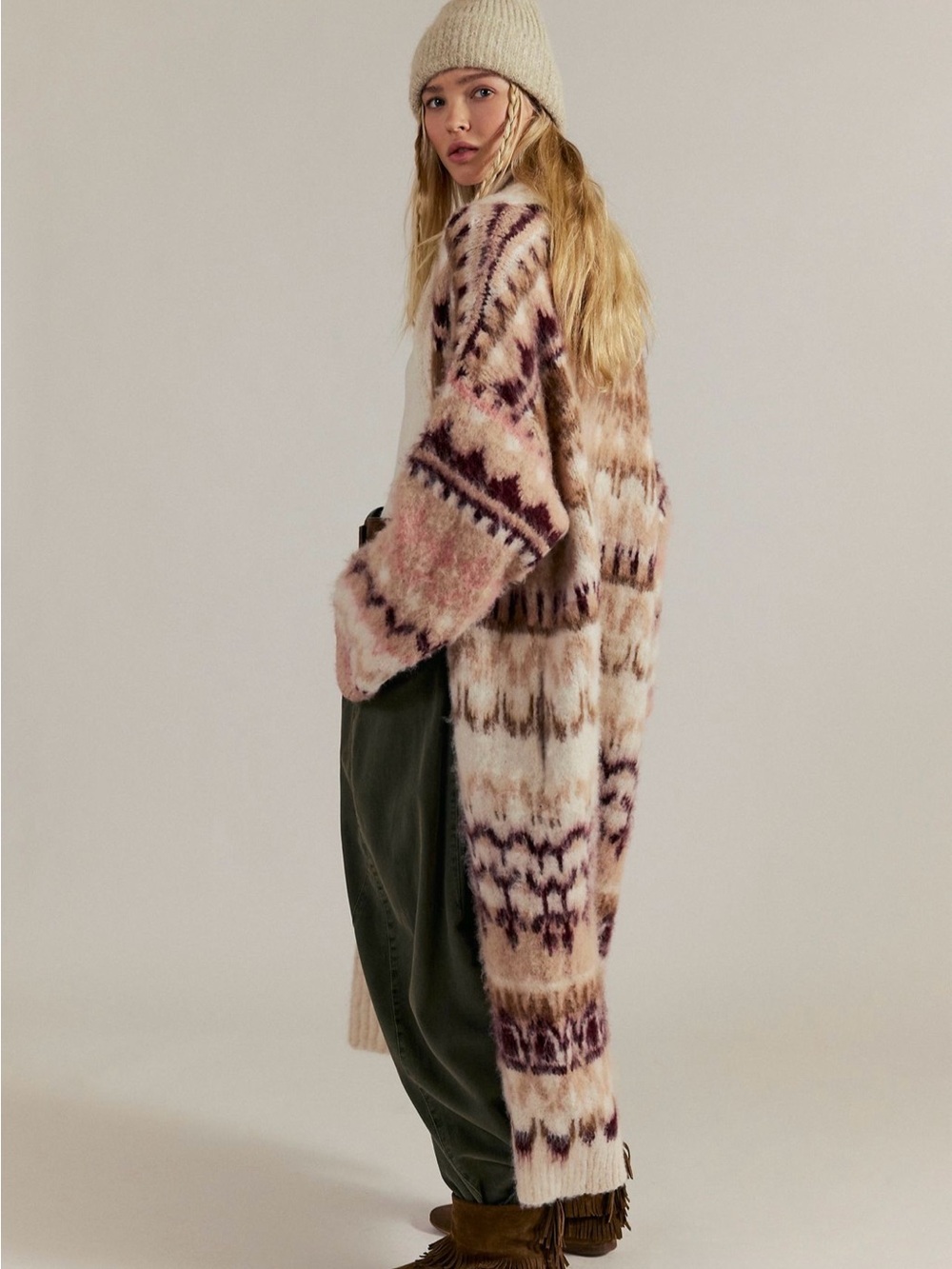 Free People Effervescent Cardi Longline Fairisle Print Oversized Ivory Combo